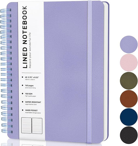 Lined Spiral Journal Notebook, A5 Hardcover Leather Notebook for Work, 5.7''×8.2'', 100GSM Thick Paper Spiral Bound Journaling Notebooks for Women & Men Office School Note Taking Business, Purple