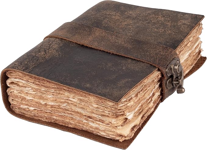 LEATHER VILLAGE Leather Bound Vintage Journal for Women & Men - Book of Shadows - Lock Closure - 200 Pages of Antique Deckle Edges Handmade Paper - Rustic Brown Color - 13 X 8 (A4) inches