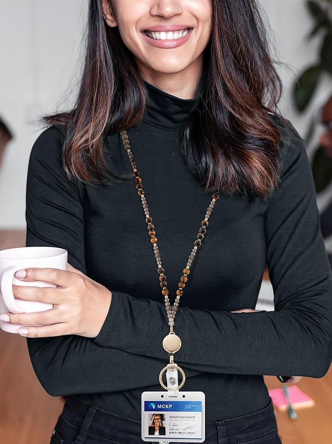 Lanyards for ID Badges and Keys,Natural Stone Beaded Teacher Lanyard for Women,Retractable Lanyard with ID Holder Cute Lanyards for Teachers(Brown)