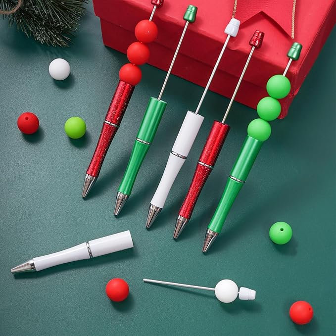 jiebor 30Pcs Christmas Beadable Pens Plastic Bead Pen Black Ink Ballpoint Pens DIY Pens Cute Cool Pens for Christmas Students Teacher Gift Office Supplies