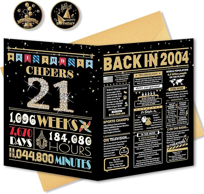 21st Birthday Card, 21st Birthday Decorations for Her Him, 21st Birthday Gifts for Daughter Son, Back in 2004 Birthday Card, Black Gold
