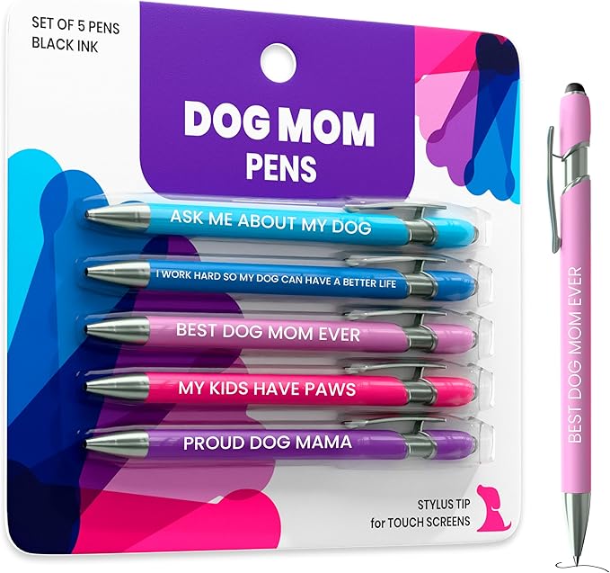 Funny Dog Mom Pen Set – 5-Piece Dog-Themed Stylus Pens – Dog Mom Gifts for Women, Friends, Dog Lovers, Groomer, Vet, Dog Sitter, Dog Walker for Birthdays, Valentines, Thank you