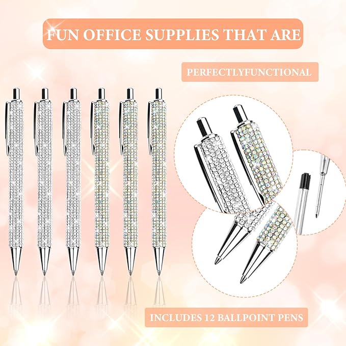 12Pcs Rhinestone Metal Ballpoint Pens Bling Pens Bulk Fancy Sparkly Crystal Diamond Pens Press Retractable Black Ink 0.7mm For Women Office Meeting Birthday Supplies Wedding Gifts(2colors)