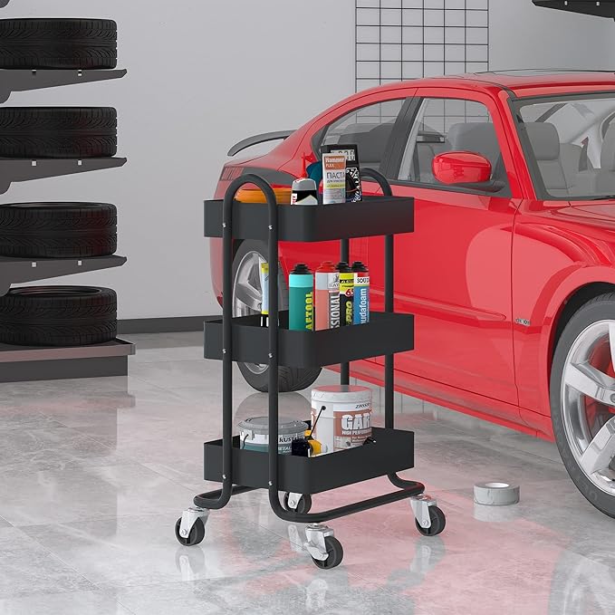 3-Tier Rolling Metal Storage Organizer,Mobile Utility Cart,Kitchen Storage Carts with Caster Wheels,Rolling Utility Cart Suitable for Office,Home,Kitchen,Garden๏ผ13.4"x18.1"x31"๏ผ Black