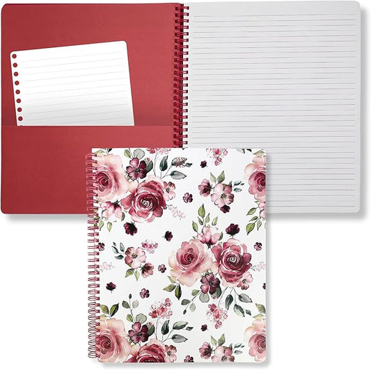Steel Mill & Co Cute Large Spiral Notebook College Ruled, 11" x 9.5" with Durable Hardcover and 160 Lined Pages, Rose Floral