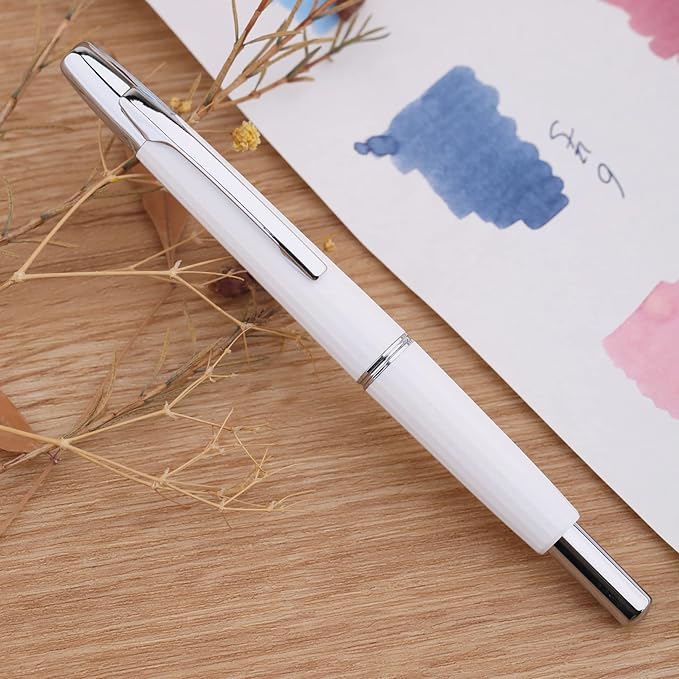 Majohn A2 Press Fountain Pen Extra Fine Nib with Box, Retractable White Resin Ink Pen with Converter Writing Pen Set (Silver Clip Version)