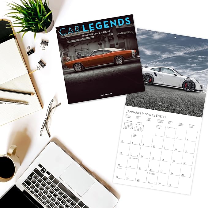 Graphique 2025 Car Legends Wall Calendar | 12” x 12” | Thick Paper | Home & Office Organizer | Large Monthly Grid | 3 Languages & Marked Holidays | 4 Month Preview Page for 2026