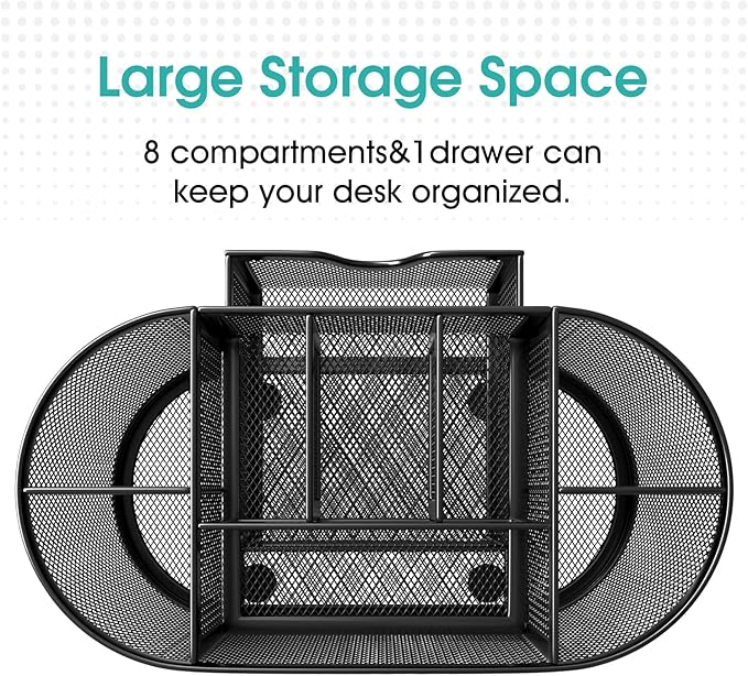 MaxGear Desk Organizer, Pencil Holder for Desk with Drawer, 9 Compartments, 8.75" x 4.5" x 4" Metal Mesh Stationary Organizer, Black Desk Caddy for Office, School & Home