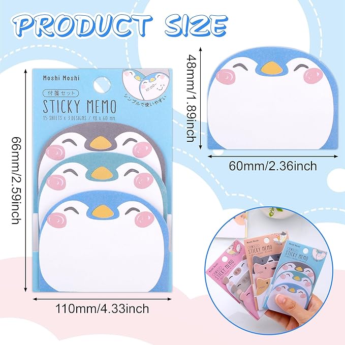 Cute Sticky Notes, 6 Pack 270 Sheets Kawaii Cartoon Animal Sticky Notes, Mini Cartoon Notes Animals Shape Markers Flags Self-Stick Memo Pads for School Home Office, JT-BG072-06