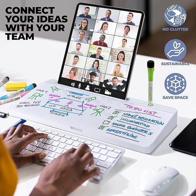 Desktop Whiteboard - Glass Dry Erase White Board- Desk Computer Buddy – Home Office & Studying Essentials - Desktop Pad with Phone & Tablet Slot, Storage Compartment - Includes 4 Markers, 1 Eraser