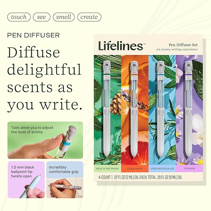 Lifelines Pen Diffuser Set, 4-Pack - 1mm Black Ballpoint Pens with Scented Essential Oil Blends – Aromatherapy Diffuser & Sensory Immersion Diffuse Aroma As You Write