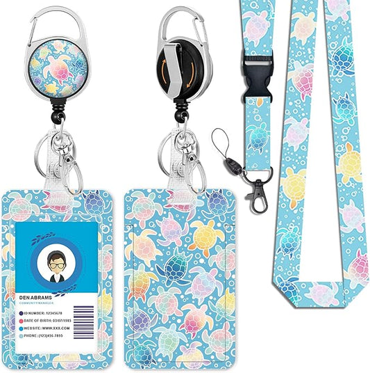 Cute Sea Turtle ID Badge Holder with Breakaway Lanyard, Lanyards for ID Badges Ajustable, Retractable Badge Reel Heavy Duty, Funny Teacher Nurse Work Office Gifts