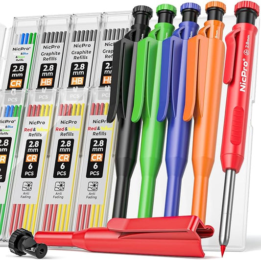 Nicpro 5 Pack Carpenter Pencil with Sharpener & Holders, Mechanical Carpenter Pencils Set with 53 Refills, Deep Hole Marker Woodworking Pencils, Heavy Duty Construction Pencils for Architect-With Case