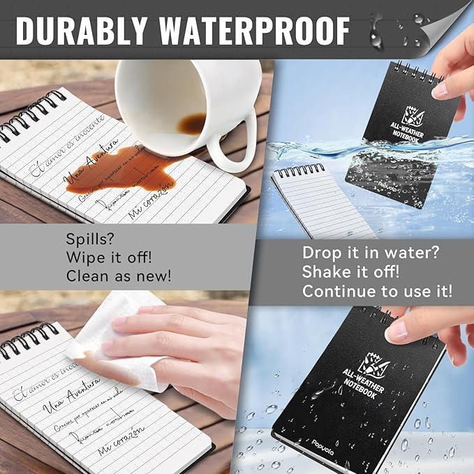 POPYOLA 8 Pack Waterproof Pocket Notebook, 3x5 Pocket Notepad, All Weather Mini Spiral Notepad, Write in the Rain Police Notepad with 100 Squared Pages for Outdoor Home Office School, Black