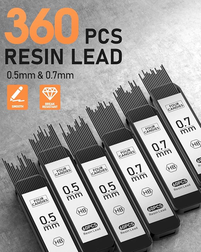 Four Candies 2PCS Metal Mechanical Pencils Set with Case, 0.5mm & 0.7 mm Artist Pencil with 6 Tubes (360PCS) HB Lead Refills, 3 Erasers,9 Eraser Refills For Writing Drafting, Drawing, Black