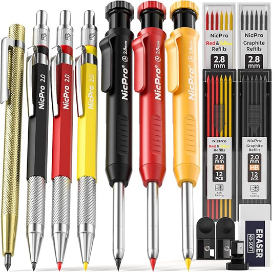Nicpro 16 Pack Mechanical Carpenter Pencil Set with 42 Refill & Carbide Scribe Tool, Construction Pencils Heavy Duty Woodworking Pencils for Architect