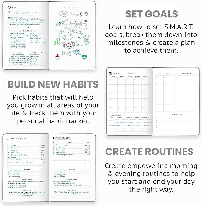 Pro - Goal Setting Planner to Increase Productivity and Achieve Personal and Business Goals. 12 Month Undated Daily, Weekly and Monthly Journal Organizer with Calendar (Gray)