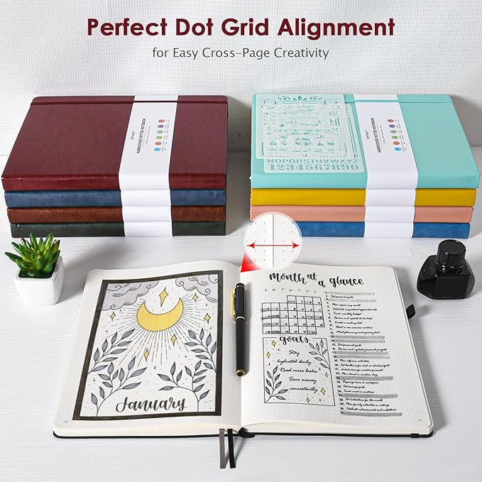 Dotted Journal Notebook, 312 Numbered Pages Large B5 Hardcover Leather Notebook, 100gsm No Bleed Paper Dot Grid Notebook with Index Pages, Dot Journal for Women Men, 7.6'' X 10'', Burgundy