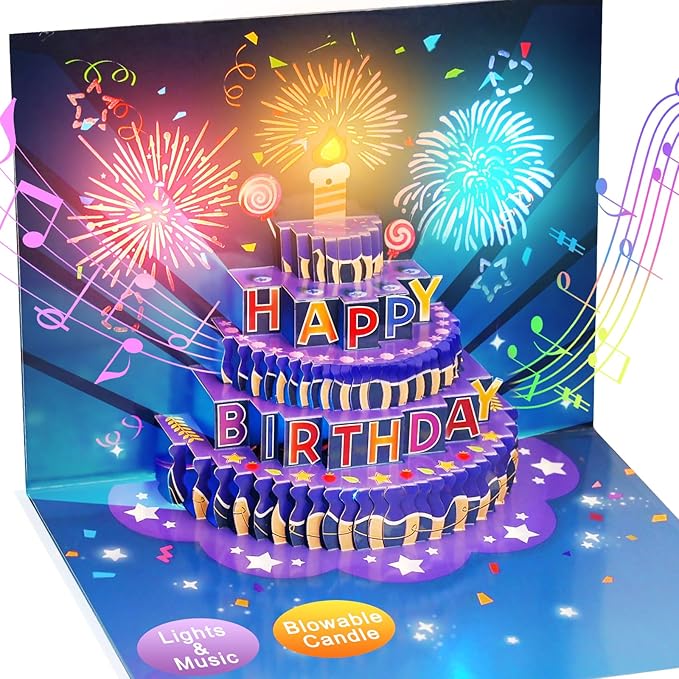 Fireworks Birthday Cards, 3D Pop Up Blowable Cake Greeting Cards with Lights Music, Happy Birthday Gifts for Women Men Kids Mom Dad Grandma