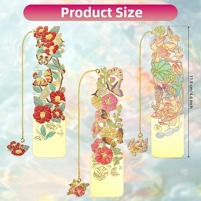 3 PCS Metal Bookmarks, Bookmarks for Reading Women, Pretty Bookmarks for Women, Beautiful Metal Bookmark, Beautiful Flower Bookmark, Lotus, Hollyhock, Camellia (BKM-050-002)