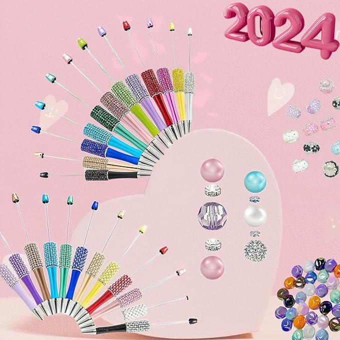 48Pcs Pearl & Diamond Beadable Pens bulk Multicolor Retractable Writing Pens Plastic Black Ink Bead Pens Ballpoint Pens Pen Making Kit DIY Pens