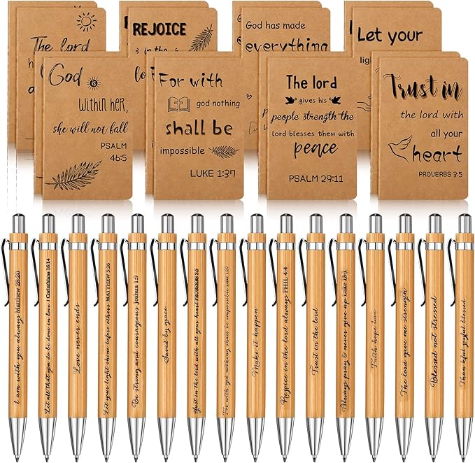 Funrous 32 Pcs Motivational Quote Pens Inspirational Notepads Mini Journal with Ballpoint Pen Small Notebooks Gift Set for Men Women Coworkers, Adult Party Favors Prizes Gift Bulk(Bible)
