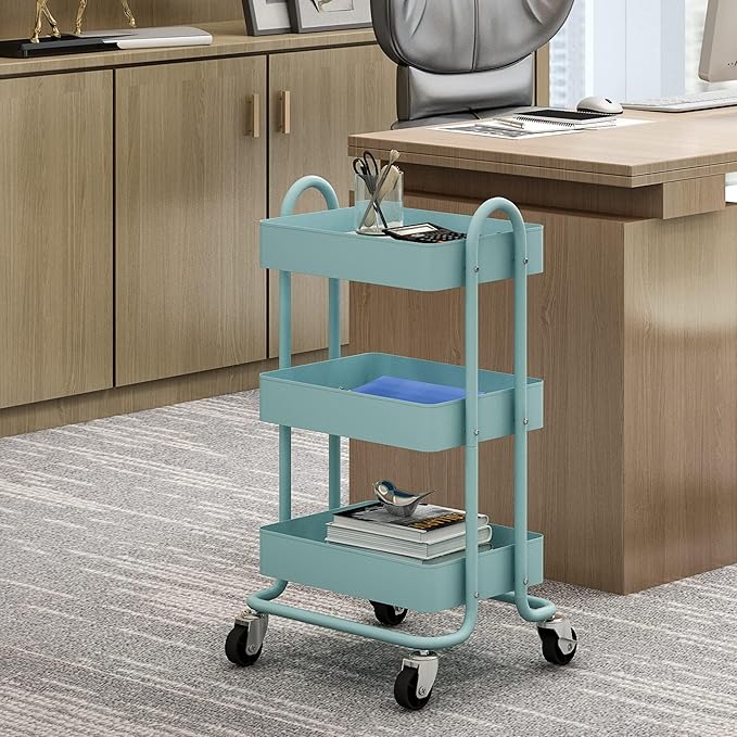 3-Tier Rolling Cart with Wheels,Kitchen Storage Carts or Metal Rolling Utility Cart with Handle,Movable Storage Organizer,Blue Carts for Nursery, Kitchen, Bathroom, Craft Room๏ผ13.4"x18.1"x31"๏ผ