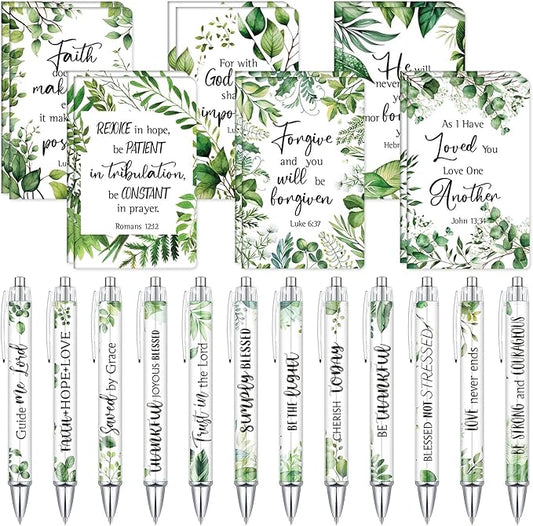 Colarr 24 Pcs Christian Bulk Gifts for Women Men Bible Verse Pens and Notebooks Religious Easter Gifts Scripture Ballpoint Pens Journals Sunday School Church Inspirational Study Supplies(Greenery)