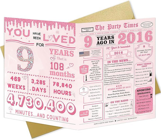 Birthday Gifts for 9 Year Old Girl,9th Birthday Decorations for Girls,9th Bday Card,9 Year Old Bday Gift Cards for Daughter Granddaughter Niece