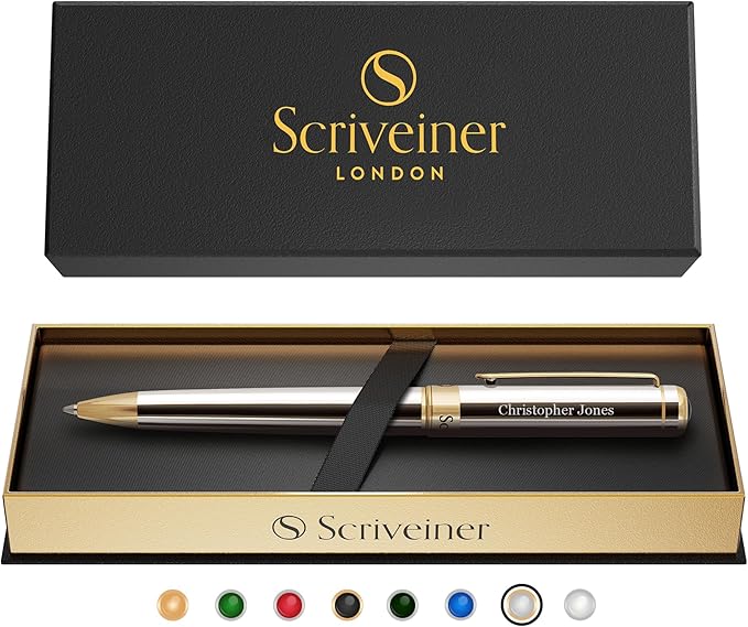 Scriveiner Personalized Silver Chrome Ballpoint Pen - Stunning Luxury Pen, 24K Gold Finish, Schmidt Ink Refill, Best Engraved Ball Point Gift Set for Men & Women, Custom Name Engraving