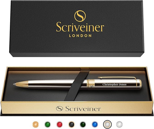 Scriveiner Personalized Silver Chrome Ballpoint Pen - Stunning Luxury Pen, 24K Gold Finish, Schmidt Ink Refill, Best Engraved Ball Point Gift Set for Men & Women, Custom Name Engraving
