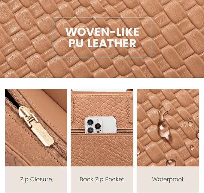 LOVEVOOK Laptop Tote Bag for Women 15.6 Inch, Woven-like PU Work Tote Briefcase for Office with Small Clutch, Light Brown