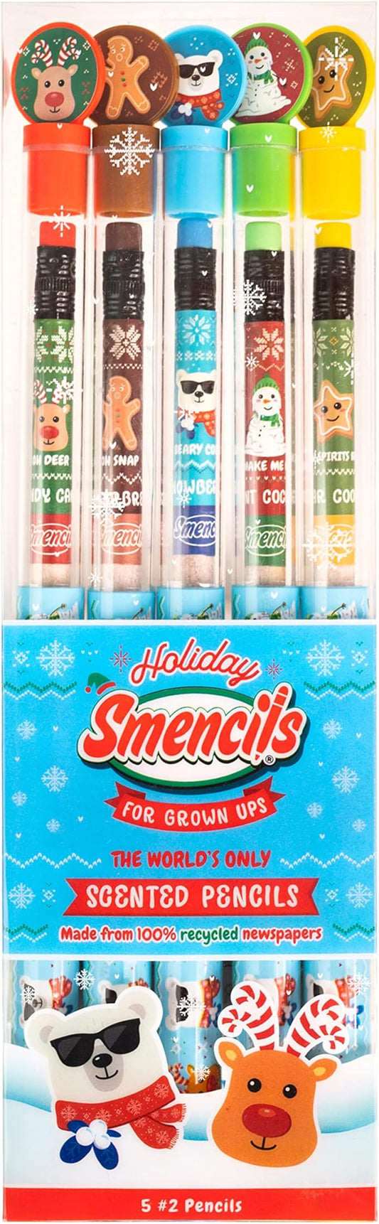 Holiday Smencils for Grown Ups - HB #2 Patented Gourmet Scented Fun Pencils, 5 Count - Stocking Stuffer, White Elephant Gifts for Adults, Office Supplies, Party Favors