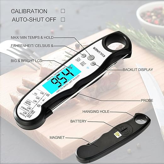 TP-01 Waterproof Digital Instant Read Meat Thermometer with 4.6 Folding Probe Backlight Calibration Function for Cooking Food Candy, BBQ Grill, Liquids,Beef(White)