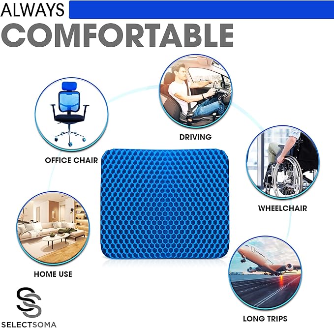 SelectSoma Large Gel Seat Cushion for Desk Chair - Pressure Relief for Back, Sciatica, Coccyx, and Tailbone Pain While Long Sitting – Wheelchair Cushion - Chair Pad for Cars and Trucks
