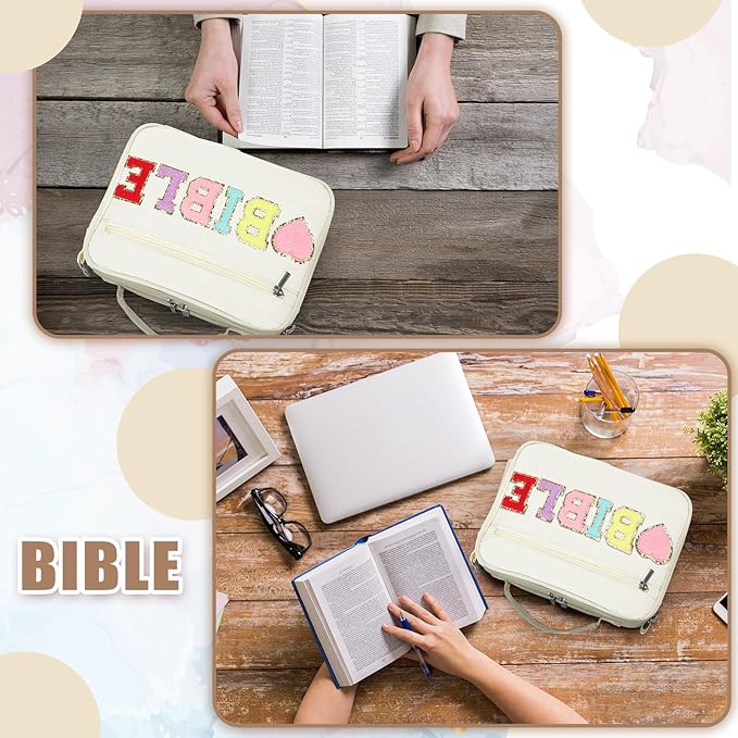 Silkfly Large Chenille Letter Bible Cover for Women Preppy Patch Bible Case Church Bible Bag with Handle(White)