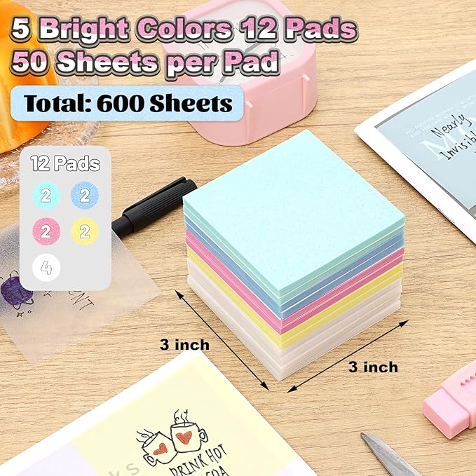 SYMDROMIA Transparent Sticky Notes 12 Pack, Frosted Glitter Colored 3x3 Inch, High Transparency Glass-Like Adhesive Clear Seee Through Sticky Notes for Women Office School Supplies 600 Sheets