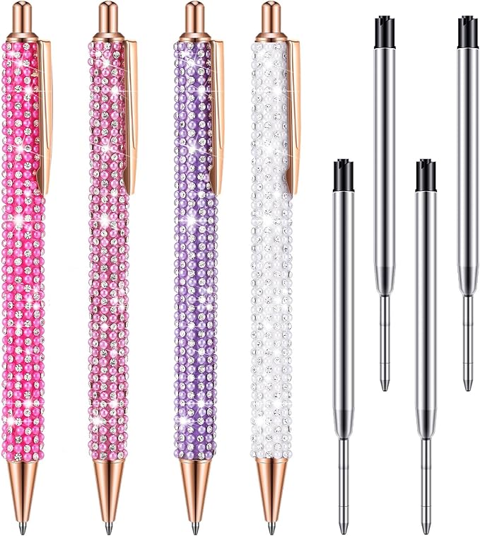 Ireer 4 Pcs Bling Rhinestone Sparkly Pens for Women Diamond Ink Crystal Glitter Metal Ballpoint Bedazzled Fancy Pens 4 Pcs 1.0mm Refills(Pink Series Color)