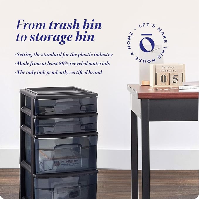 HOMZ 2-Pack 4-Drawer Plastic Storage Cart, Home & Office Organizer, Black-Clear