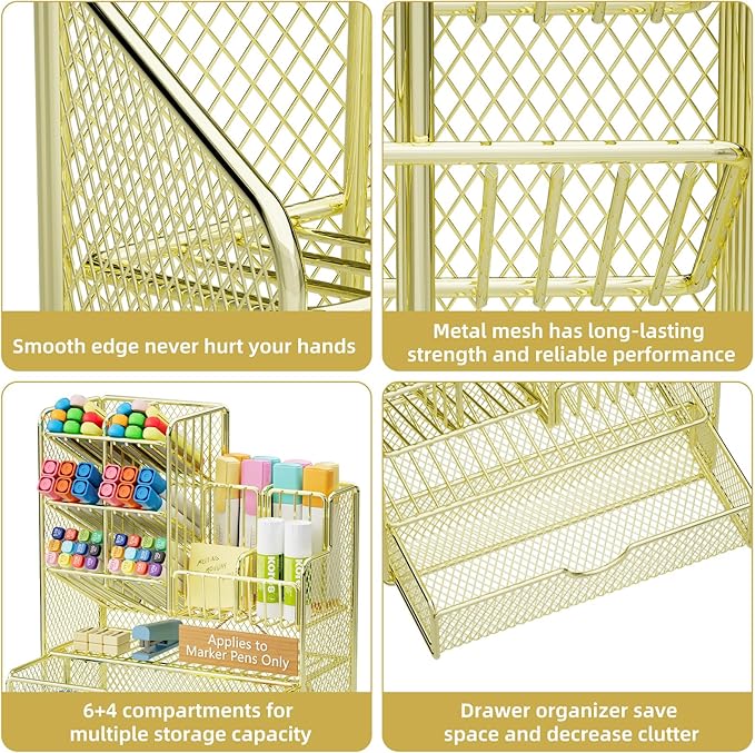 Marbrasse Mesh Pen Holder for Desk, Multi-Functional Pencil Organizer with Drawer, Desk Organizers and Accessories for Office Art Supplies (Gold-Applies to Marker Pens Only)