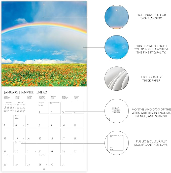 Graphique 2025 Chasing Rainbows Wall Calendar | 12” x 12” | Thick Paper | Home & Office Organizer | Large Monthly Grid | 3 Languages & Marked Holidays | 4 Month Preview Page for 2026