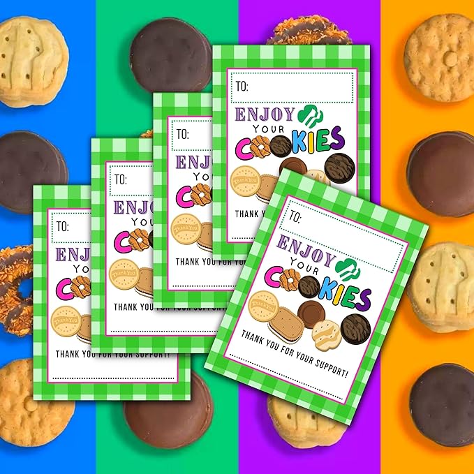 Scout Cookie Thank You Cards Re- Order | 30 pk 4.25 x 5.5” Postcards Green For Your Support Enjoy Your Cookies Troop Leader Box Tags