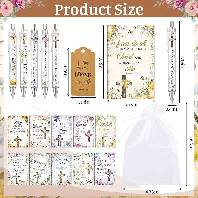 200 Pcs Bible Verse Sets Church Christian Gift Include 50 Scripture Notebooks 50 Bible Bamboo Pens 50 Thanks Tags 50 Organza Bags for Women Man Christian Party Gifts(Colorful,Floral)