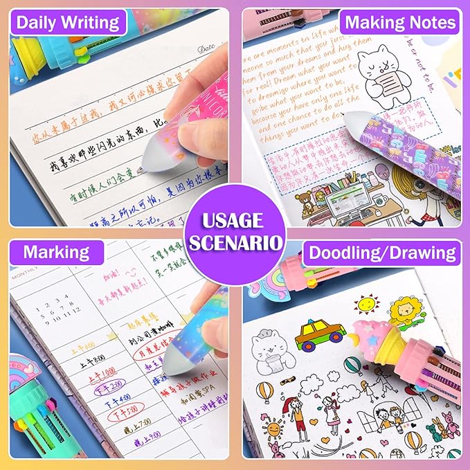Multicolor Ballpoint Pen 0.7 mm, 10-in-1 Colored Pens Fine Point Retractable Cute Cartoon Unicorn Ballpoint Pens for Office School Students Kids Christmas Gift, 6 Pack