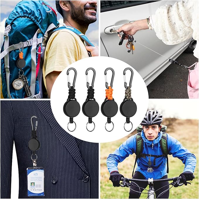 Retractable Keychain Heavy Duty Carabiner Badge Holder Retractable Badge Reel ID Holder Steel Retractable Cord and Paracord Extendable Key Ring 4 Pack