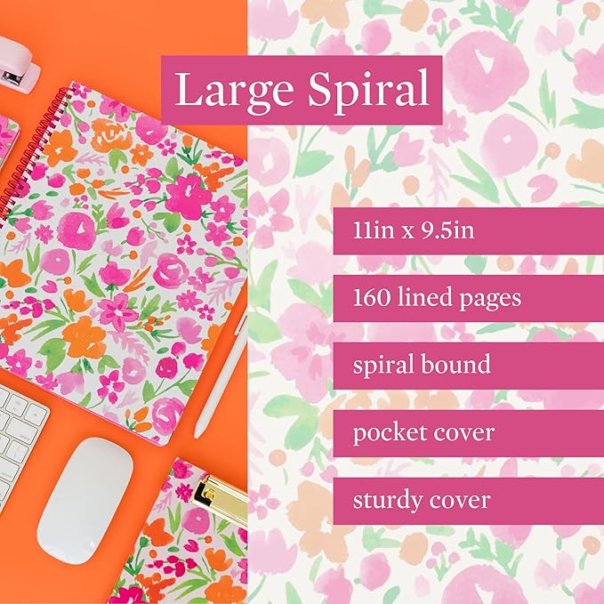 Steel Mill & Co Cute Large Spiral Notebook College Ruled, 11" x 9.5" with Durable Hardcover and 160 Lined Pages (Watercolor Flowers)