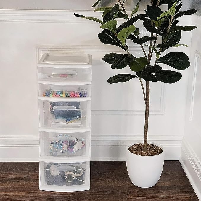 HOMZ 2-Pack 5-Drawer Storage Unit, Home & Office Plastic Organizer, White Frame