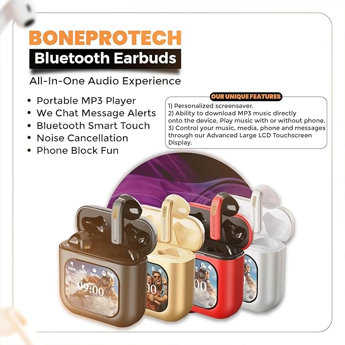 Bluetooth Smart Touch Earbuds, Customizable Screen Saver, MP3 Player, Control Social Media, Calls and messeges, ENC Noise Reduction, Built-in mic, Advanced V5.3 Technologies (White)