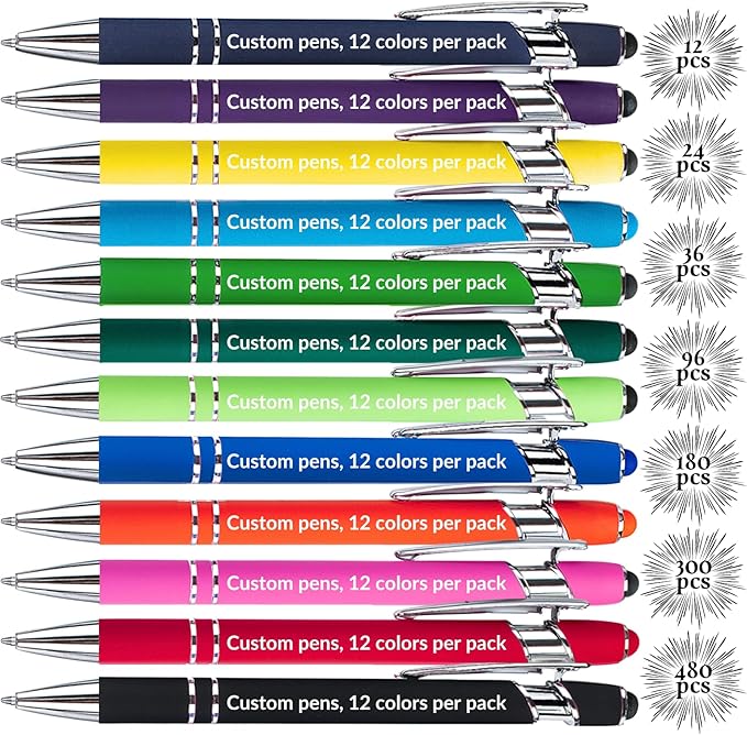 Up to 480 Pcs Personalized Pens in Bulk, Custom Metallic Printed Name Pens with Black Ink, Customized Pens Bulk with Stylus-Great Gift Ideas(Silver 12 Colors)