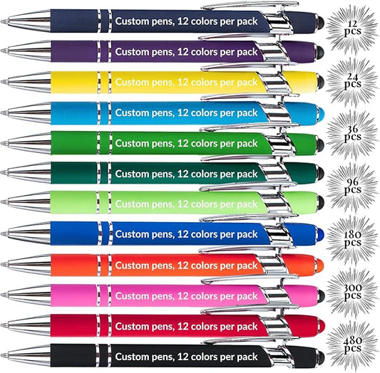 Up to 480 Pcs Personalized Pens in Bulk, Custom Metallic Printed Name Pens with Black Ink, Customized Pens Bulk with Stylus-Great Gift Ideas(Silver 12 Colors)